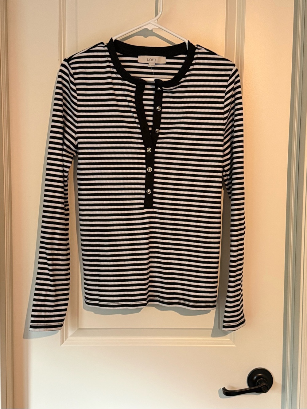 LOFT Black and White Striped Long Sleeve Henley Top